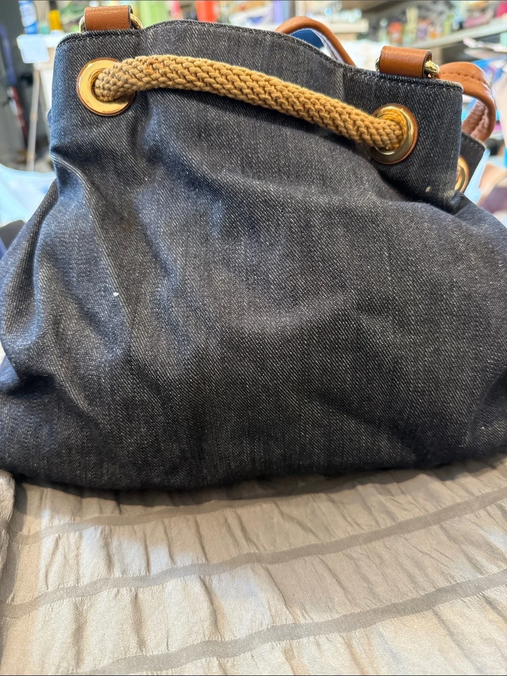 Michael Kors Navy Denim & Brown Leather Tassel Drawstring Hobo